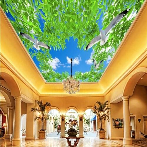 Beibehang Custom Ceiling Wallpaper Blue sky and white clouds green pigeons Murals Living Room Ceiling Background Wall Mural