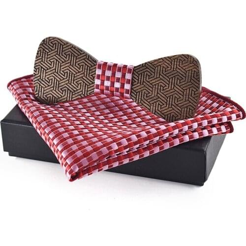 Dropshipping wooden rounded bow tie set red plaid kerchief handmade walnut wood bowtie with package