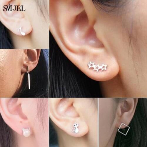 100% 925 Sterling Silver Earrings Fashion Kids Jewelry Three Star Hollow Geometric Bar Stud Earrings Music Pendientes 925