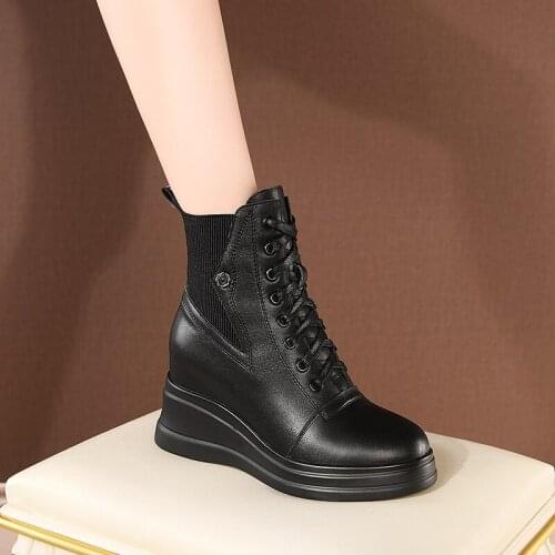 SKLFGXZY New winter Japan South Korea ankle Women boots Genuine leather 8cm wedges Fashion boots increased Women shoes High help