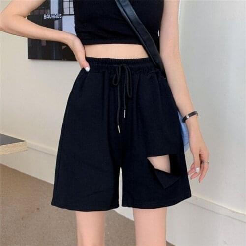 Hong Kong Style High Waist Sports Shorts female summer students loose and thin holes large size Capris ins oversized