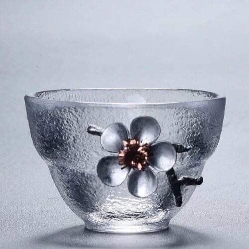 Japanese-style Glass Tea Plum Blossom Decoration Drinking Glass Thicken Hammer Pattern Glass Cups 40ml Tin Inlay Kung Fu Tea Cup