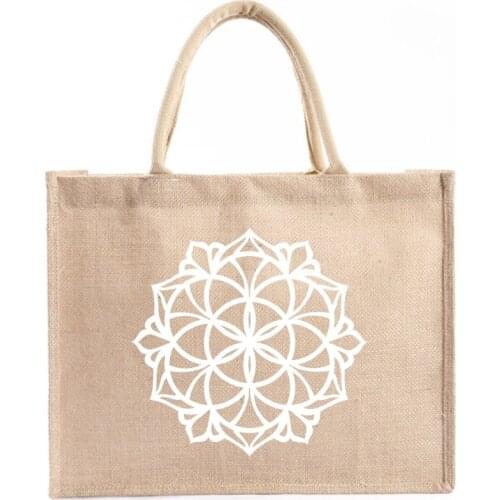 Sacred Geometry Flower of Life Tote Burlap Bag Personalized Tote Bag Bridesmaid Gifts Seed of Life Reusable Jute Shopping Bag