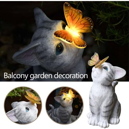 Outdoor Lighting Garden Solar Light Statue Cat And Butterfly Figurine Landscape Lamps Resin Figurine For Courtyard Lawn Woodland