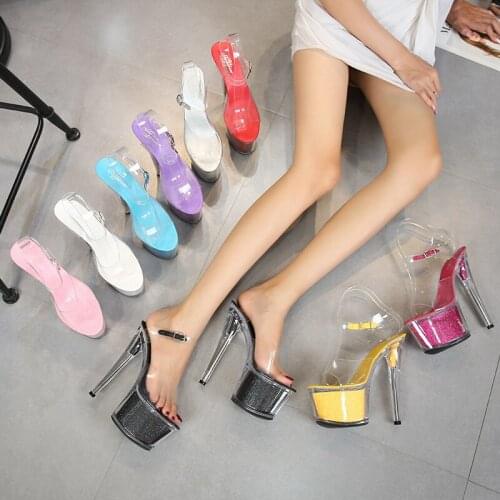 Ladies Shoes Candy color Glittering Crystal Shoes Transparent PVC Platform Sandals Model Nightclub Ultra High Heel Summer 2021