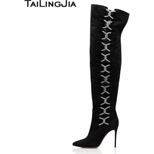Cutouts Over The Knee Boots Womens Black High Heel Overknee Boots 2020 Woman Pointed Toe Heeled Boot Ladies Fashion Winter Shoes