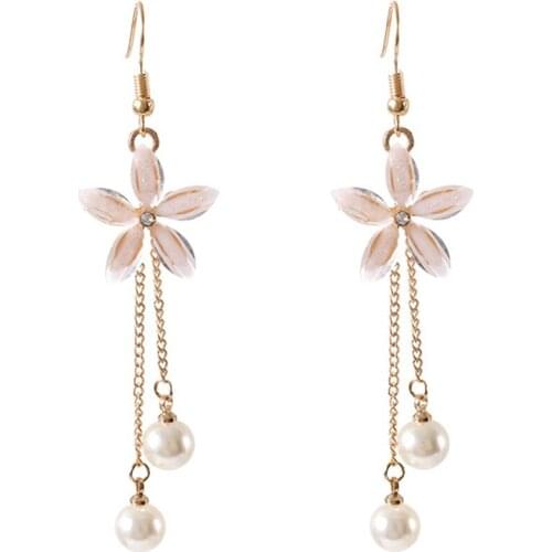 CRLEY White Flower Dangle Earrings For Women Simulated Pearl Dangle Gold Color Chain Engagement Wedding Jewelry Drop Shipping
