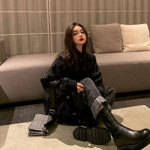 New female spring and autumn mid-length ins retro large size plaid cardigan loose