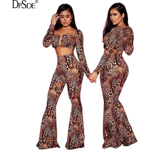 DPSDE Leopard Grain Party Two Pieces Women Set Full Sleeve Strapless Bandage Sexy Top Elegant Autumn Bodycon Flared Trousers