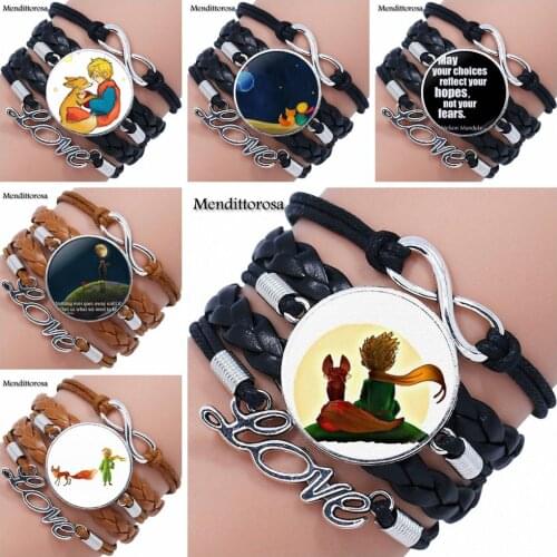The Little Prince Logo Multilayer Black/Brown Leather Bracelet Bangle Glass Cabochon Jewelry For Women Kids Gift