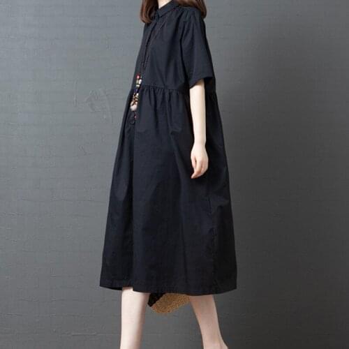 2021 New Cotton Solid Color Loose Summer Dress Turn-down Collar Button Korea Style Fashion Blouse Dress Women Casual Midi Dress