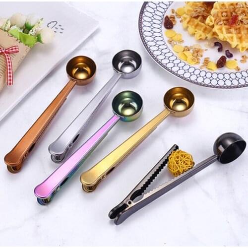 2 in 1 Coffee Spoon Sealing Clip Stainless Steel Espresso Coffee Beans Coffee Powder Spoon Cafe Accessories Kitchen Tool