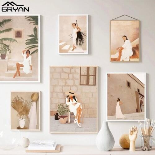 Abstract Fashion Girl Retro Landscape Canvas Prints Painting Nordic White Dress Woman Home Decoration Picture Room Wall Poster