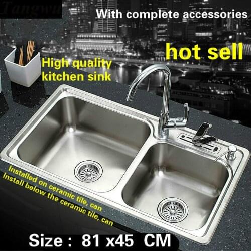 Free shipping Large kitchen sink, 0.8 mm thick food grade 304 stainless steel double-groove high-end hot sell 810x450 MM