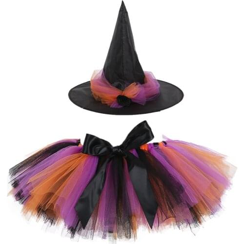 Kids Witch Cosplay Tutu Skirt with Witch Hat Purple Orange Black Fluffy Mini Tulle Skirt for Baby Girls Birthday Carnival Party