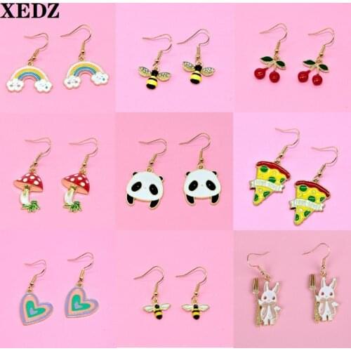 Personality Earrings Rainbow Bee Mushroom Love Bear Pizza Rabbit Carrot Fruit Canned Star Moon Lemon Fish Tail Metal Pendant New