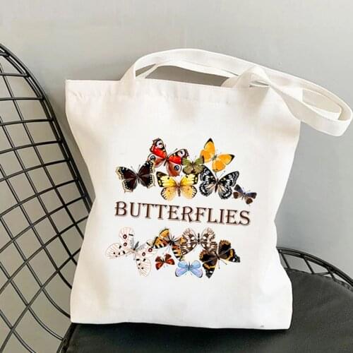 Fashion Cute Pink Shopping Bag Cotton Anime Butterflies Brand Canvas Shopper Bag With Zipper Khaki Black Shoulder Bag Women Tote
