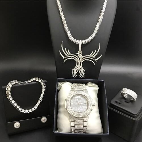 Hip-hop Zircon Skeleton Butterfly Pendant Luxury Men Watch &Necklace & Braclete &Ring & Earrings Combo Set Ice Out Cuban For Men
