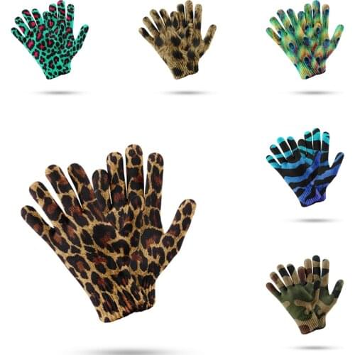Men Personalized Leopard Knitted Gloves Winter Warm Thick Touch Screen Gloves Women Outdoor Hiking And Traveling Warm Gloves