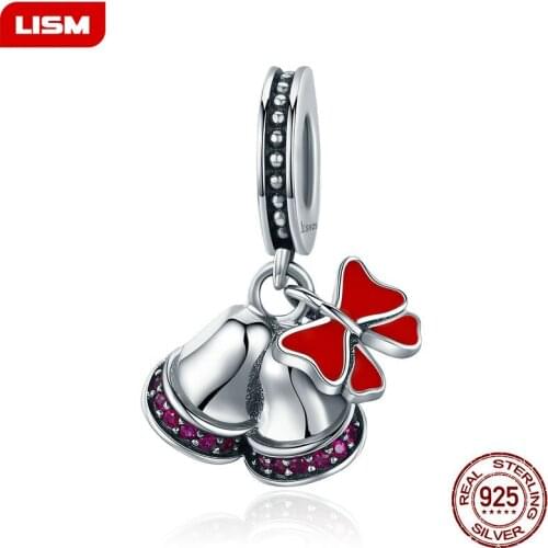 Genuine 925 Sterling Silver Christmas Bowknot Sweet Bell Clear CZ Beads fit Charm Bracelet Jewelry Christmas Gift