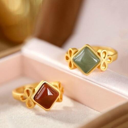 New silver inlaid with natural south red bow knot adjustable ring Chinese unique sand gold craft charm womens jewelry