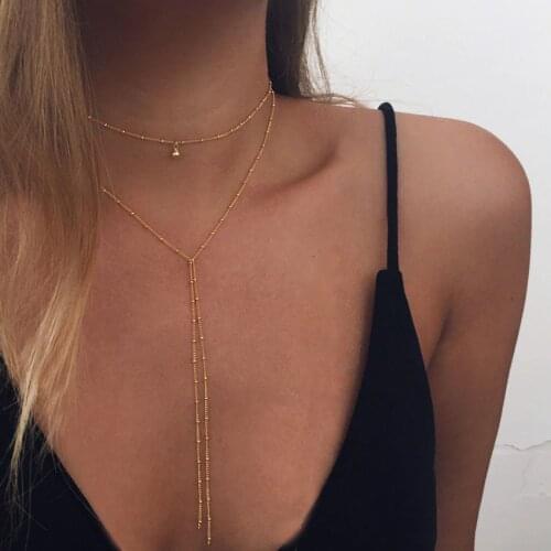 Simple Gold Silver Color Chain Choker Necklace Long Beads Tassel Chocker Necklaces For Women collar collier ras du cou
