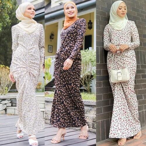 Eid Ramadan Floral Print Abaya Maxi Dress Women Long Sleeve Front Drawstring Muslim Arab Dubai Turkey Clothing Kaftan Jilbab New