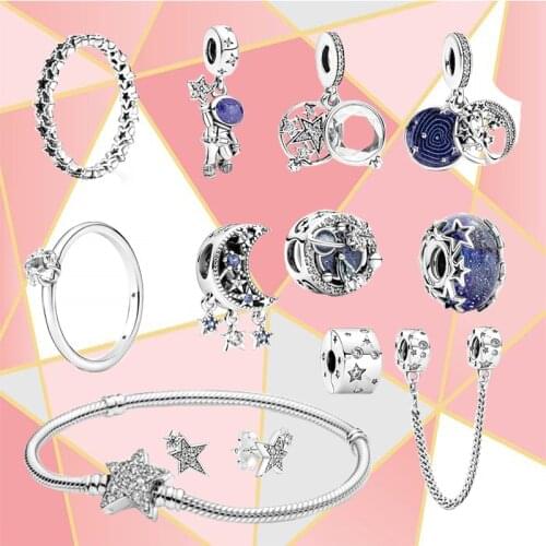 2021 New Winter Fashion S925 Astronaut Double Dangling Galaxy Moon Pendant Bracelet Ring Earring Series Female Original Jewelry