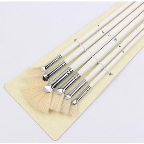 6pcs Fan Shape Pig Bristles Brush Wood Rod Oil Drawing Brush Set Fanshape Oil Painting Brush Wood Rod Oil Painting Brush HCCY