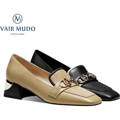 Spring Autumn Elegant Pumps Shoes Women Genuine Leather Black Yellow Thick Heels Slip On Casual Shoes Female Footwear 4cm D110L