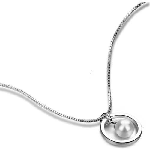 High quality women pearl necklace 100% 925 Sterling Silver 17 inch box chain Pearl Pendant Chocker Girls jewelry gifts Wholesale