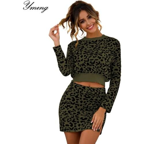 YMING Women Leopard Print Pullover Sweater Suit Long Sleeve Bodycon Mini Sexy Dress Two Piece Set Elegant Tracksuit O-neck Tops