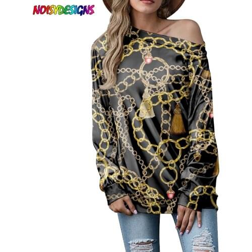 NOISYDESIGNS 2021 shirt with women autumn korean vintage europe golden chain printing loose O-neck long-sleeved t-shirt top