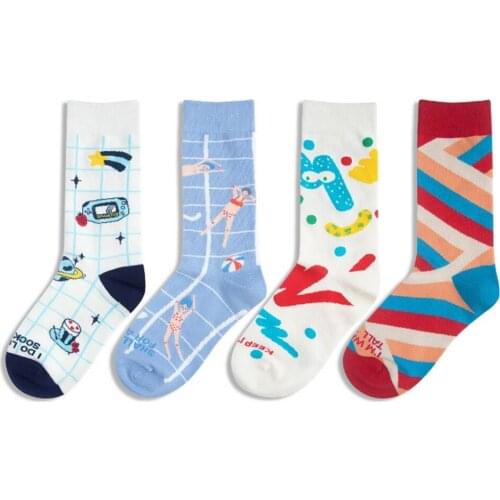 Womens retro original cartoon fun cute happy cotton socks illustration pool party doodles socks street fashion tide crew socks