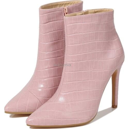 2021 New Luxury Women Pink Blue Boots Sexy Thin High Heels Fetish Stripper Booties Warm Fur Print Sweet Ankle Boots Pointy Shoes