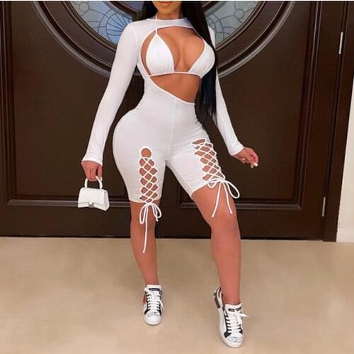 Y2K Irregular Cut Out Womens Sexy Bandage High Waist Romper Playsuit Hollow Out Long Sleeve Jumpsuit With Bra Streetwear Outfit