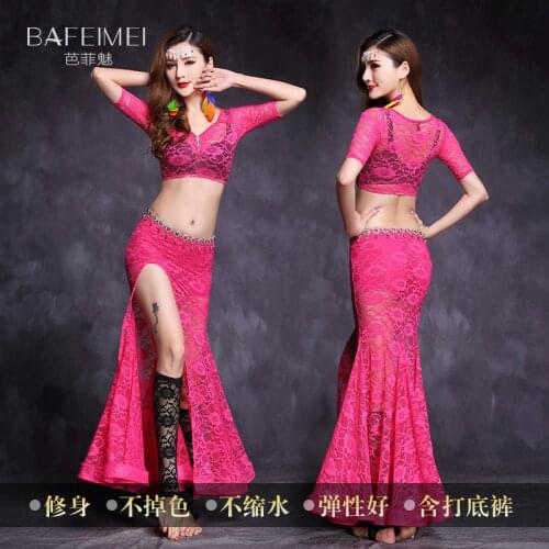Lady Lace Bellydance Costume 2pcs Top Skirt Model Belly Dance Suits Performance Wear Long Skirt Rumba Dancing Suit D-0072