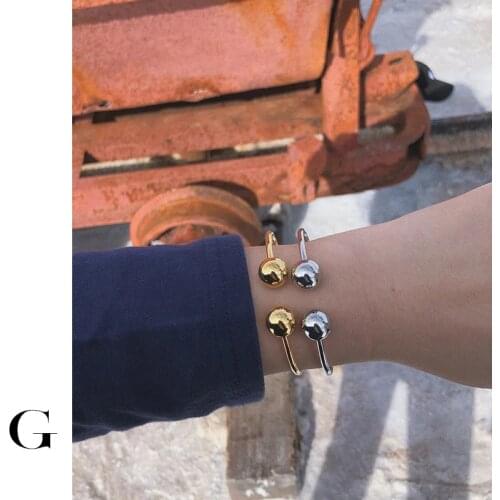 GHIDBK Dainty Double Beads Open Bangle Bracelets for Women Minimalist Gemetrical Balls Thin Bracelet Simple Chic Design Bangles