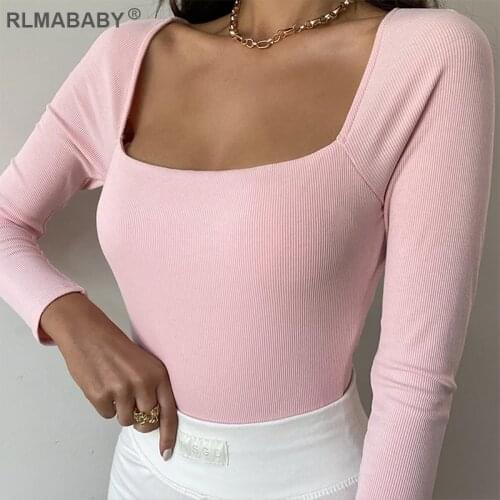 RLMABABY Spring Summer Women Knit Rib Skinny Bodysuit Top Slim Square Collar Long Sleeve Rompers Jumpsuit Casual Sexy Bodysuit
