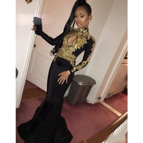 Spark Mermaid Prom Dresses High Neck Gold Applique Long Sleeves African Prom Gowns Open Front Long Formal Evening Dress 2020 rob