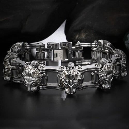 22.5mmHigh Quality Cool Stainless Steel Silver Color Punk Lion Head Motorcycle Biker Chain Mens Bracelet Bangle Xmas Gift 8.26"