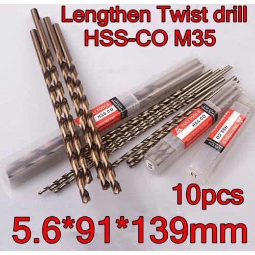 5.6*91*139mm 10pcs/set HSS CO5% M35 Containing cobalt longer twist drill Processing stainless steel and steel