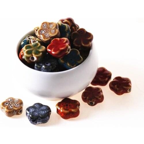 SEA MEW 50 PCS 15mm Flowers Porcelain Ceramic Beads Handmade DIY Hole Beads For Jewelry Making