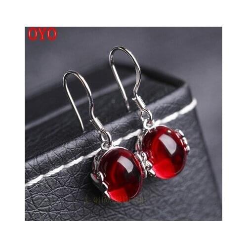 925 Sterling Silver Natural Green Chalcedony Agate Earrings Female Ruby Vintage Stud Earrings