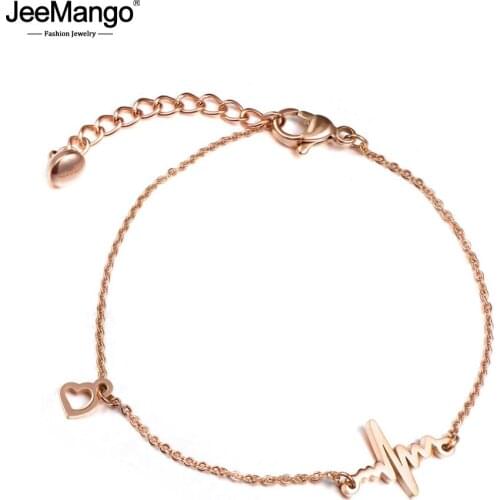 JeeMango Classic Rose Gold Color Love Heartbeat Bracelets For Girl 316L Stainless Steel Heart Charm Bracelet & Bangles JB17031