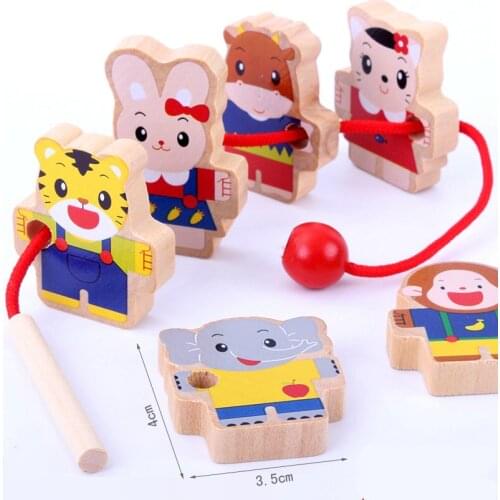 Baby Threading Game Beech Animals Model Building 6pcs Children Training Learning Education Wooden Toys Montessori Toddler Gift