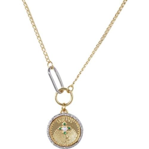 French court style light retro relief pattern inlaid with pearl zircon disc double faced Necklace