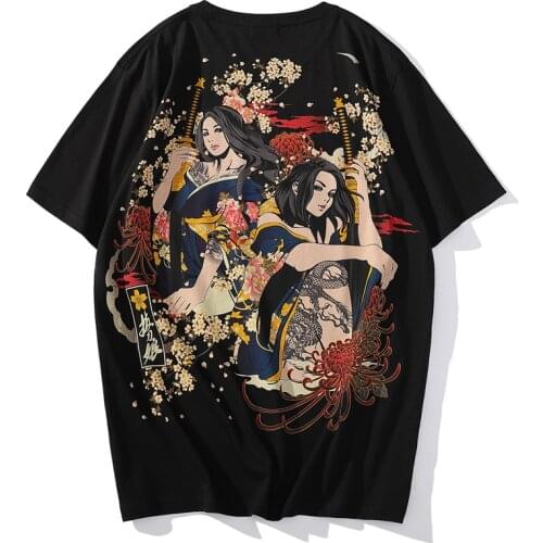 Japanese style printing beauty samurai flower short sleeve youth trend cotton round neck loose T-shirt undershirt mens clothing