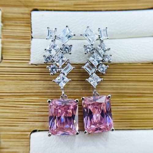 Exquisite design, square temperament, irregular female earrings, pink citrine, symmetrical zircon, female silver jewelry
