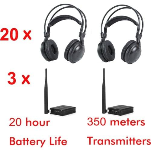 Professional 500m 3 channel ultra low bass classical silent disco headphones package - 20pcs headphones and 3 transmitters